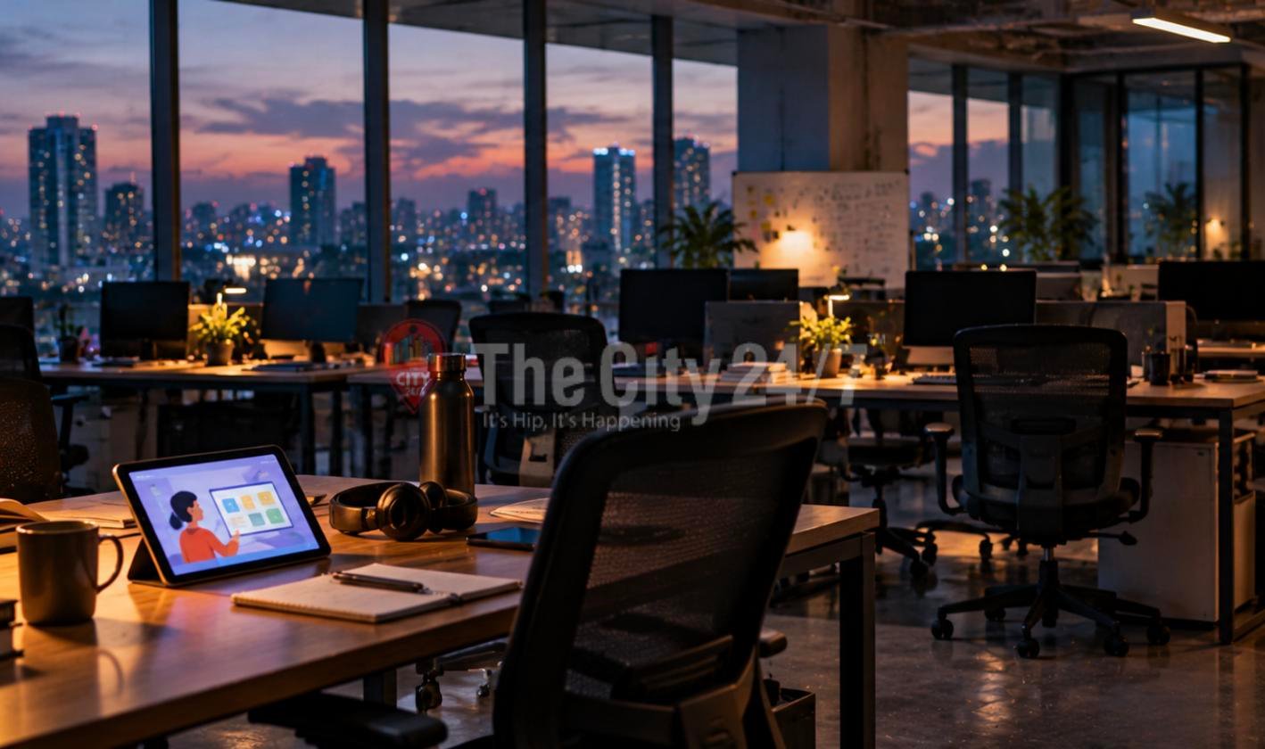 An empty open-plan office at dusk, with a tablet showing an illustrated learning app on a desk and a lit city skyline through the windows