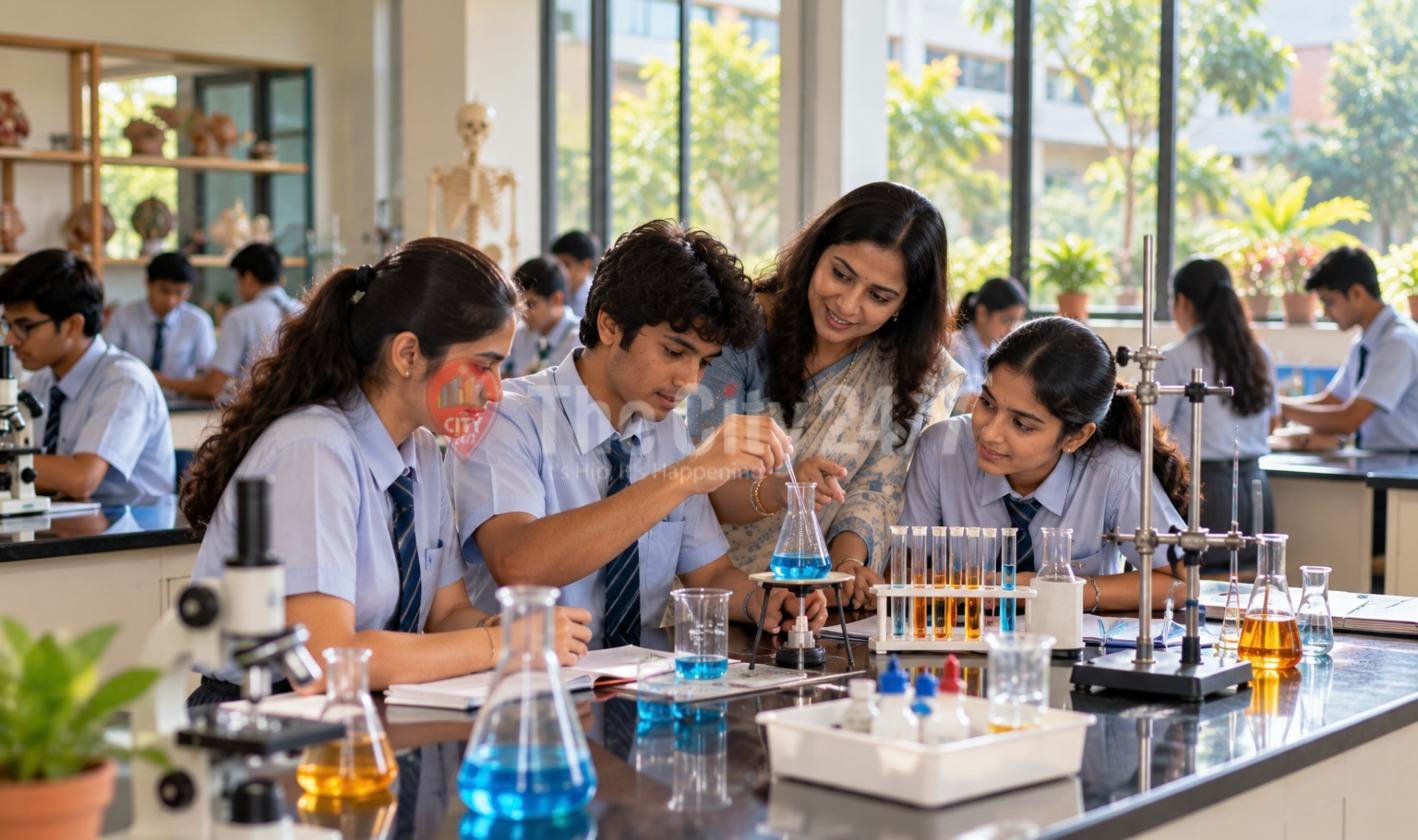Students in uniform carry out a chemistry experiment with flasks and test tubes as their teacher looks on in a bright school lab