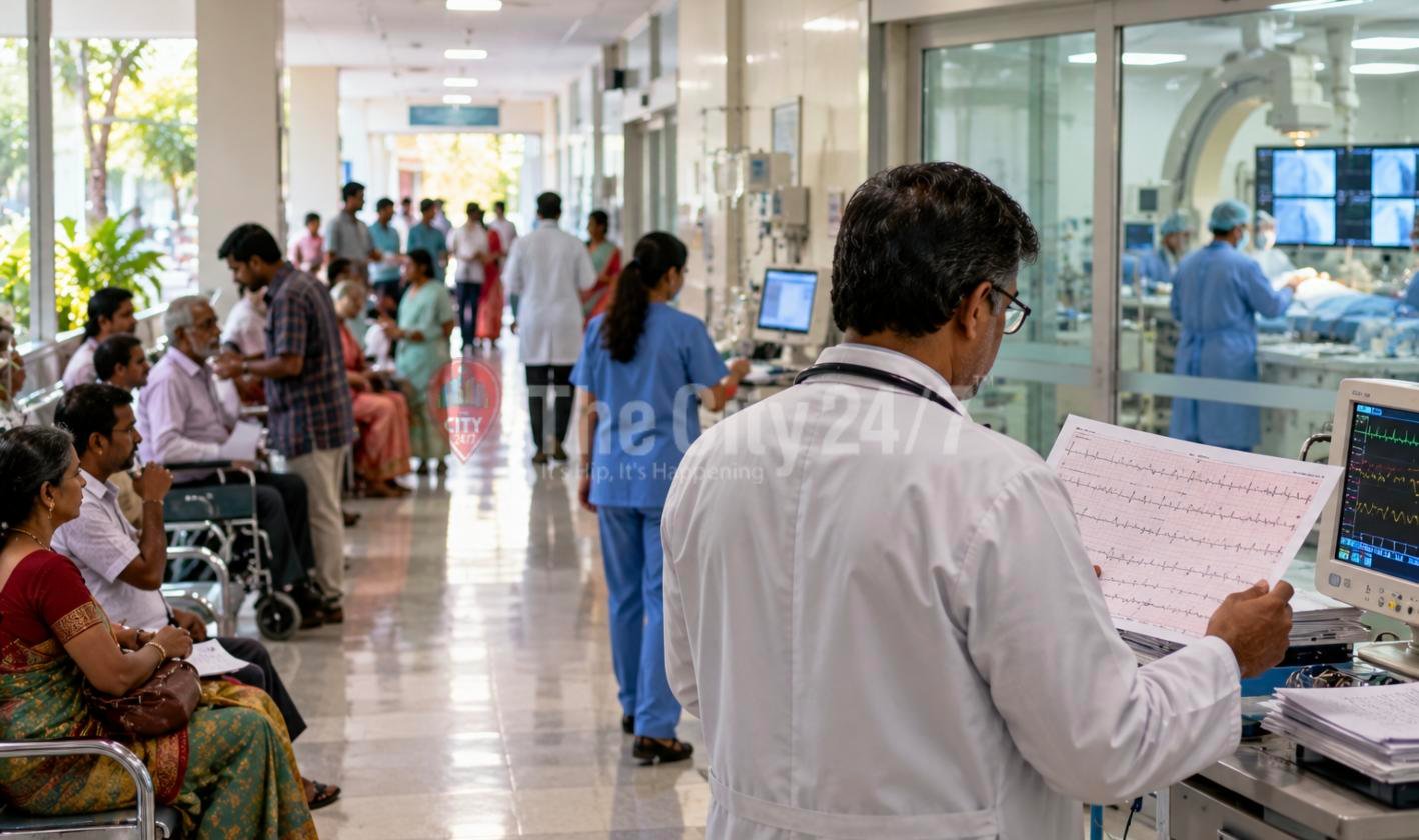 A doctor studies an ECG printout beside a heart monitor as patients wait in a busy hospital corridor and surgeons work in a glass-walled cath lab