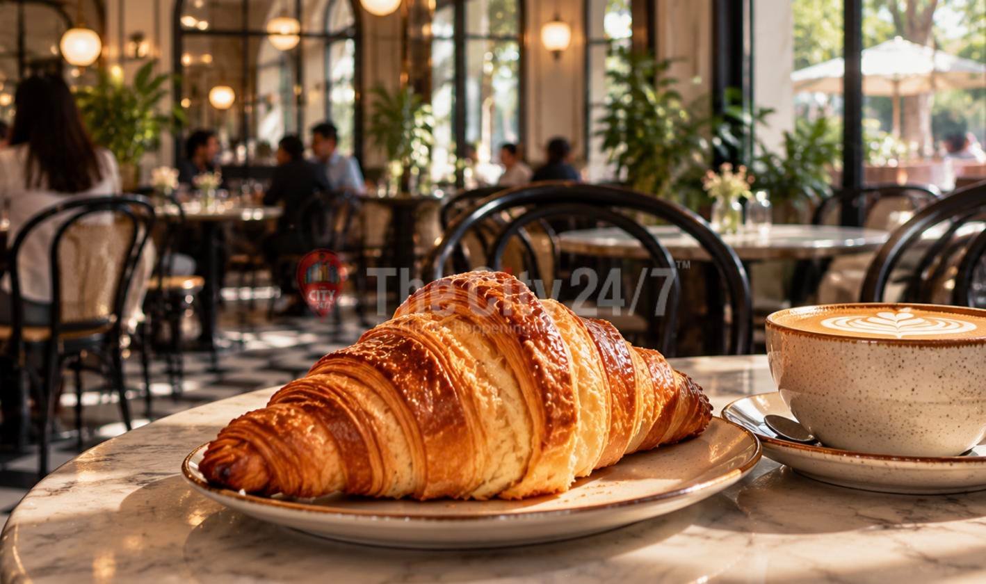 A glossy, flaky croissant on a plate beside a latte with leaf art on a marble table in a sunlit cafe with bentwood chairs