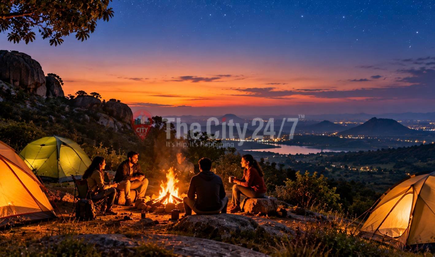 Friends sit around a campfire between glowing tents on a rocky hilltop at dusk, overlooking a lake and distant town lights under a starry sky