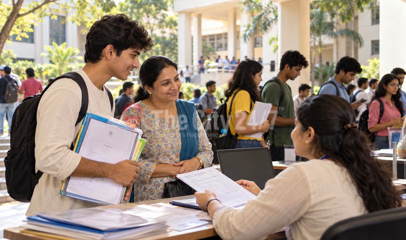 A student holding a folder of documents and his mother speak with an official reviewing papers at a desk on a busy college campus