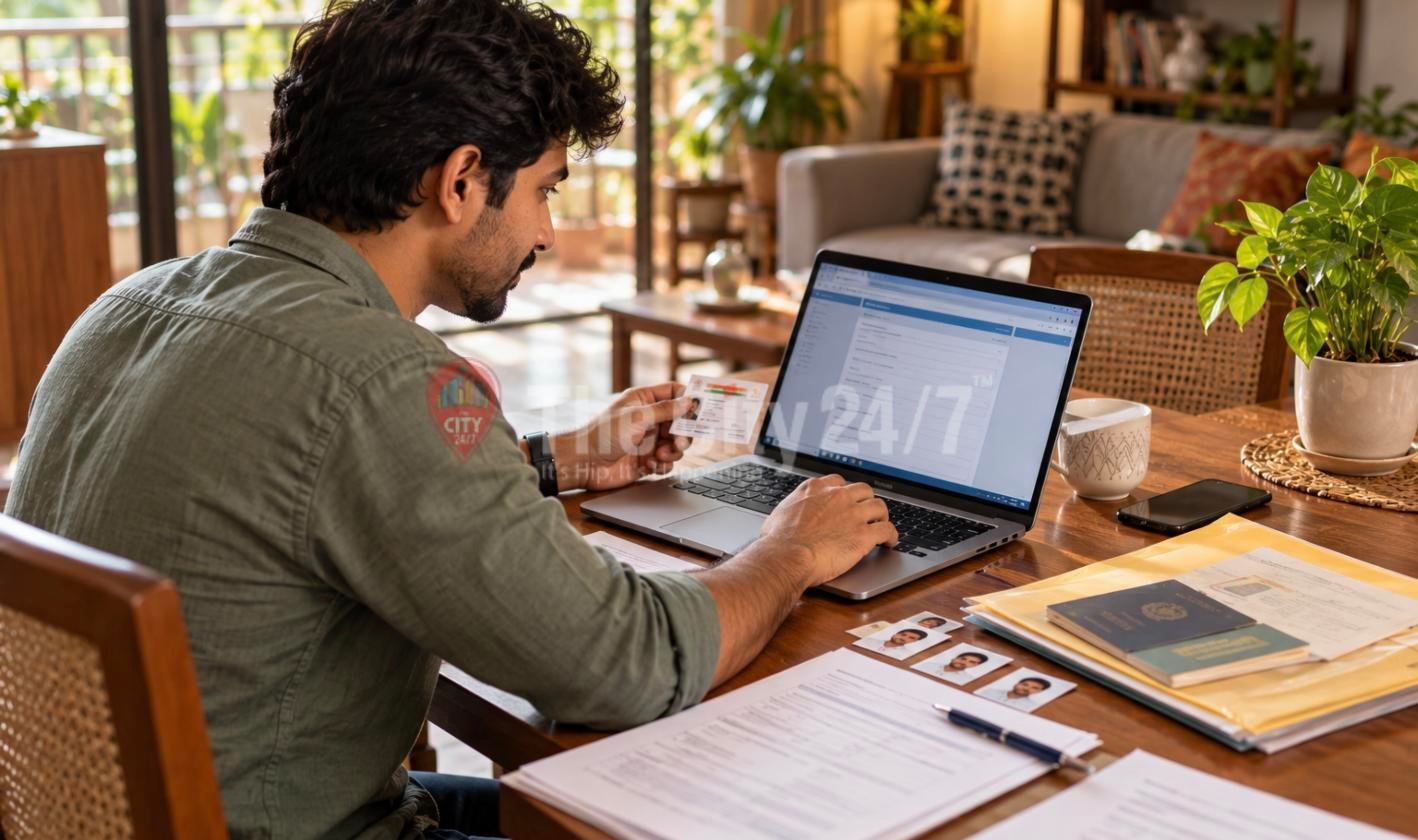 A man holds an ID card while filling in an online form on a laptop at a dining table with passport photos, a passport and documents