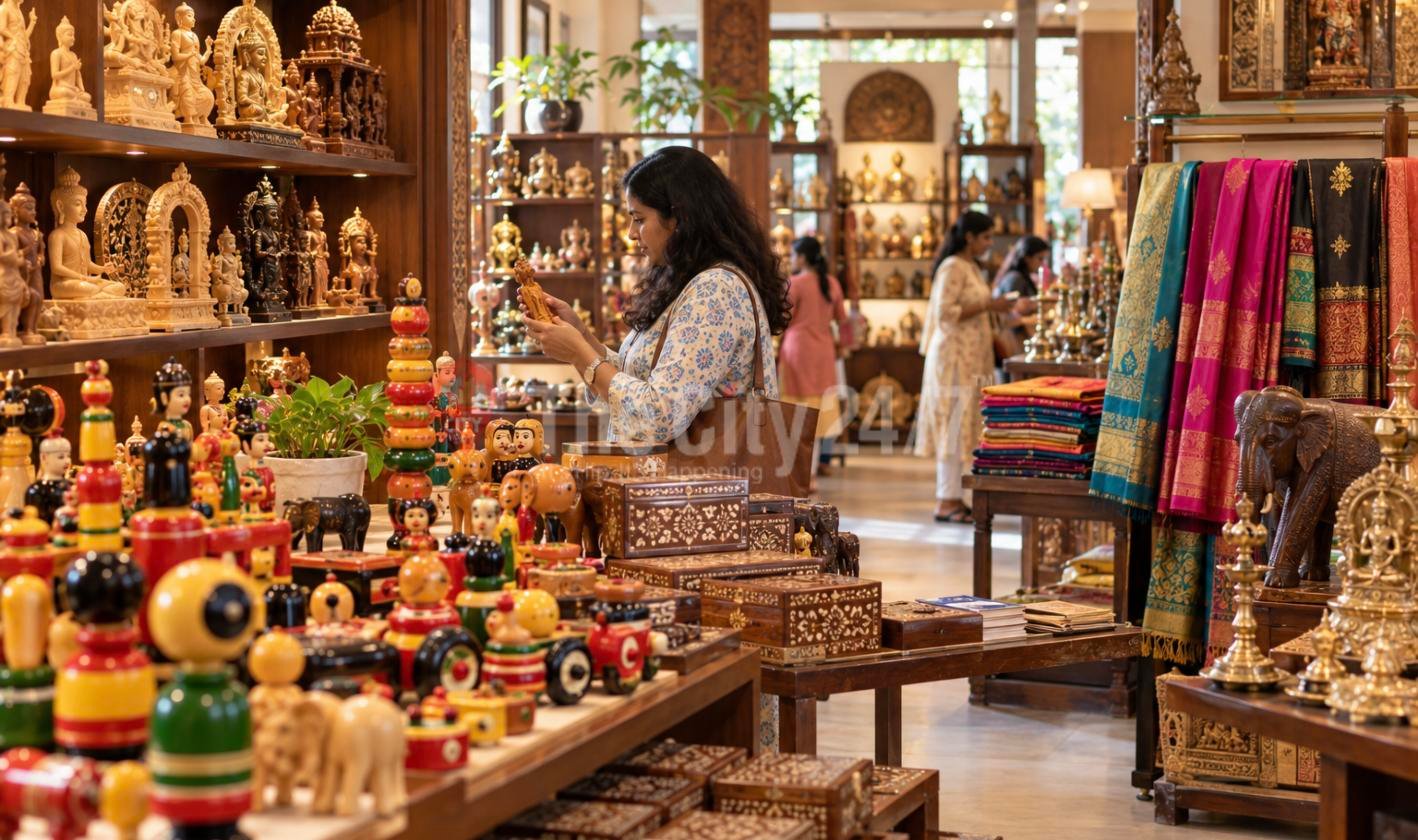 A woman examines a carved figurine in a handicrafts store filled with colourful wooden toys, inlaid boxes, sandalwood idols and silk saris