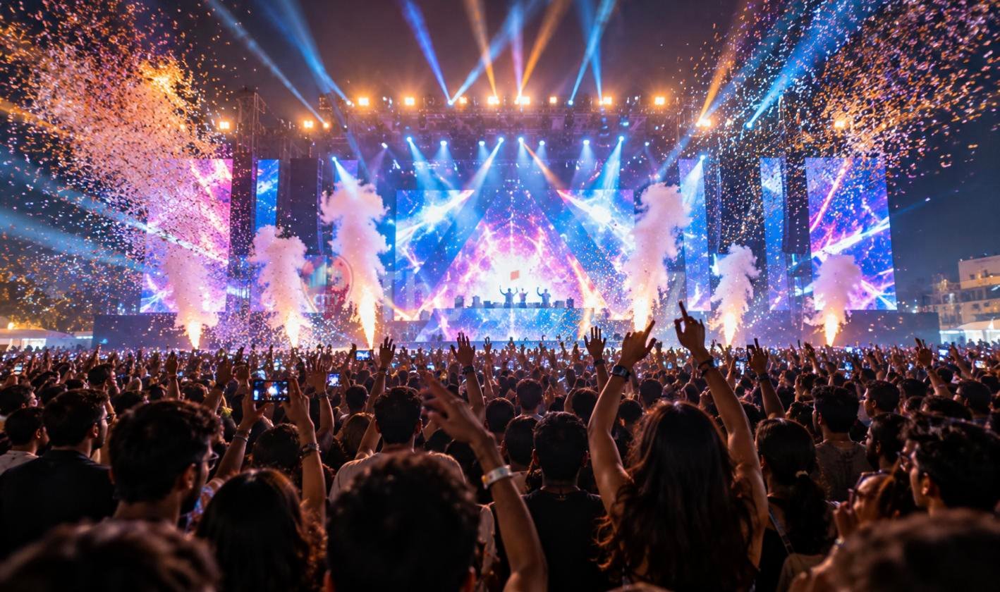 A packed crowd raises hands and phones toward a festival stage lit with laser beams, giant LED screens, smoke jets and falling confetti