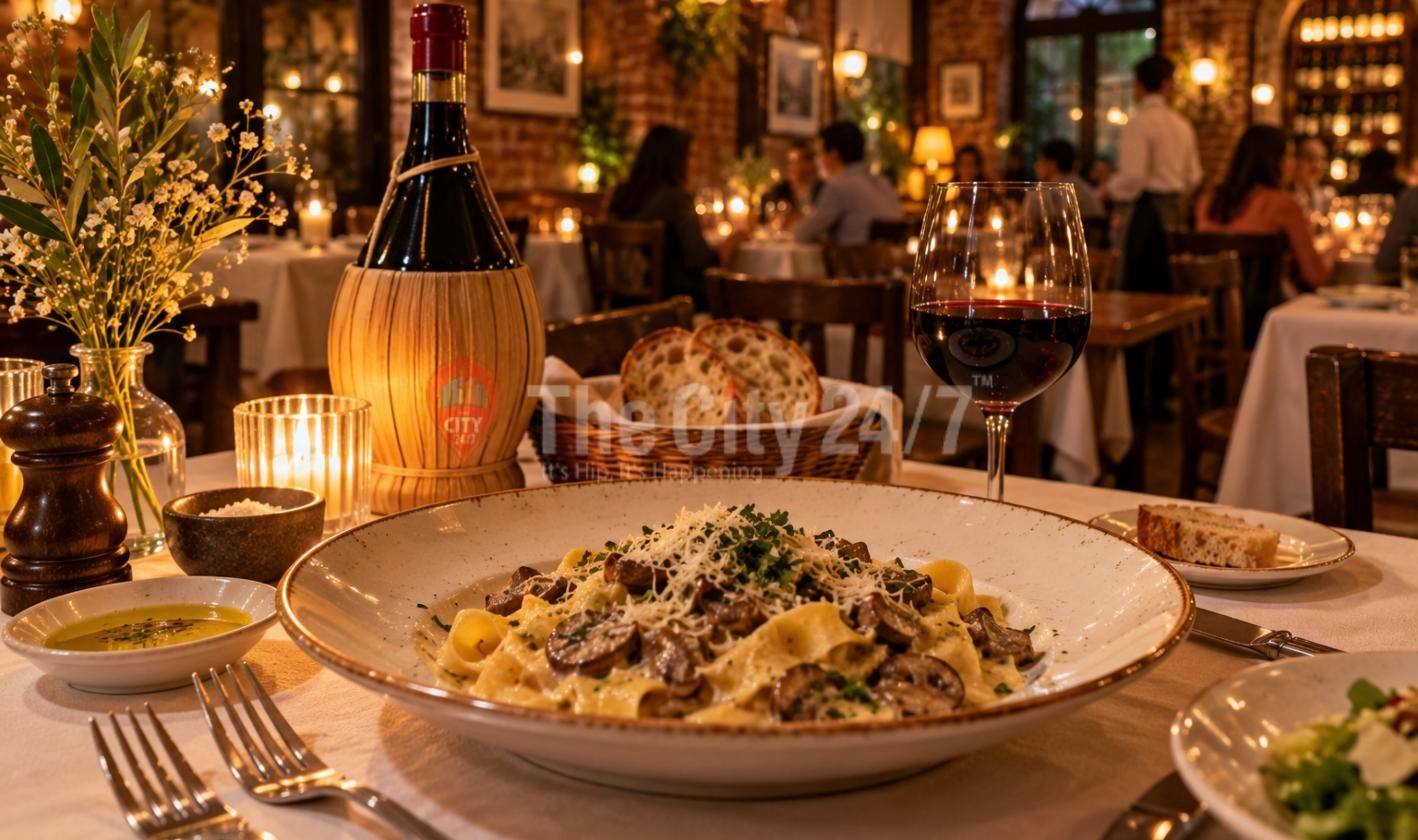 Pappardelle with mushrooms and grated parmesan beside a straw-wrapped wine bottle, red wine and bread on a white tablecloth in a candlelit trattoria