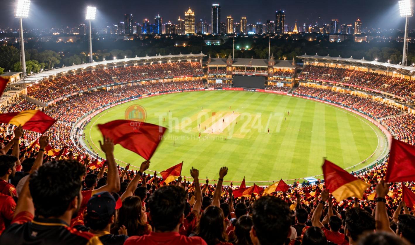 Fans waving red and gold flags fill the stands of a floodlit cricket stadium during a night match, with a lit city skyline beyond