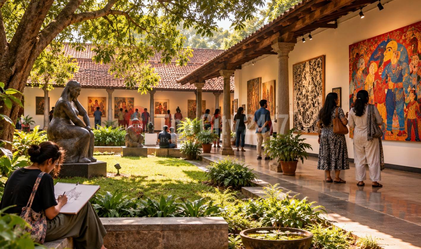 Visitors view large colourful paintings along a pillared gallery veranda while a woman sketches beside a bronze sculpture in a leafy courtyard