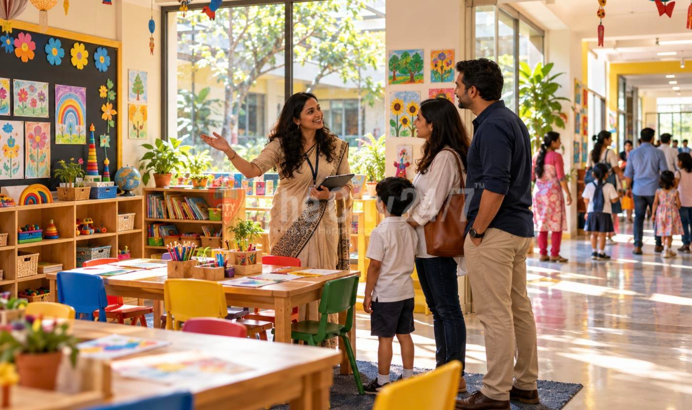 A teacher shows a couple and their young son around a bright classroom with small coloured chairs, bookshelves and children's artwork
