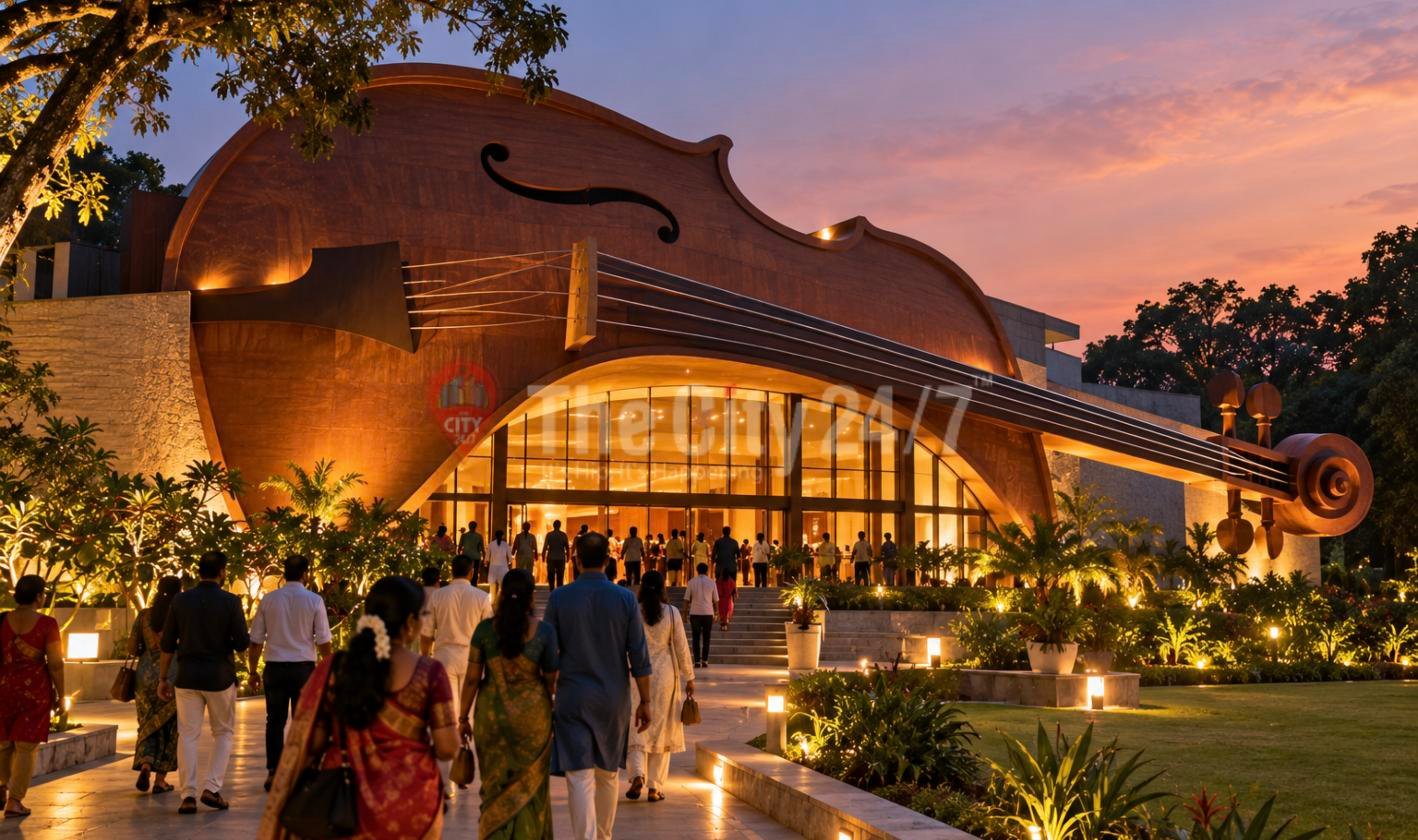 Concertgoers walk toward a lit auditorium shaped like a giant violin, with strings, scroll and glass entrance, at dusk