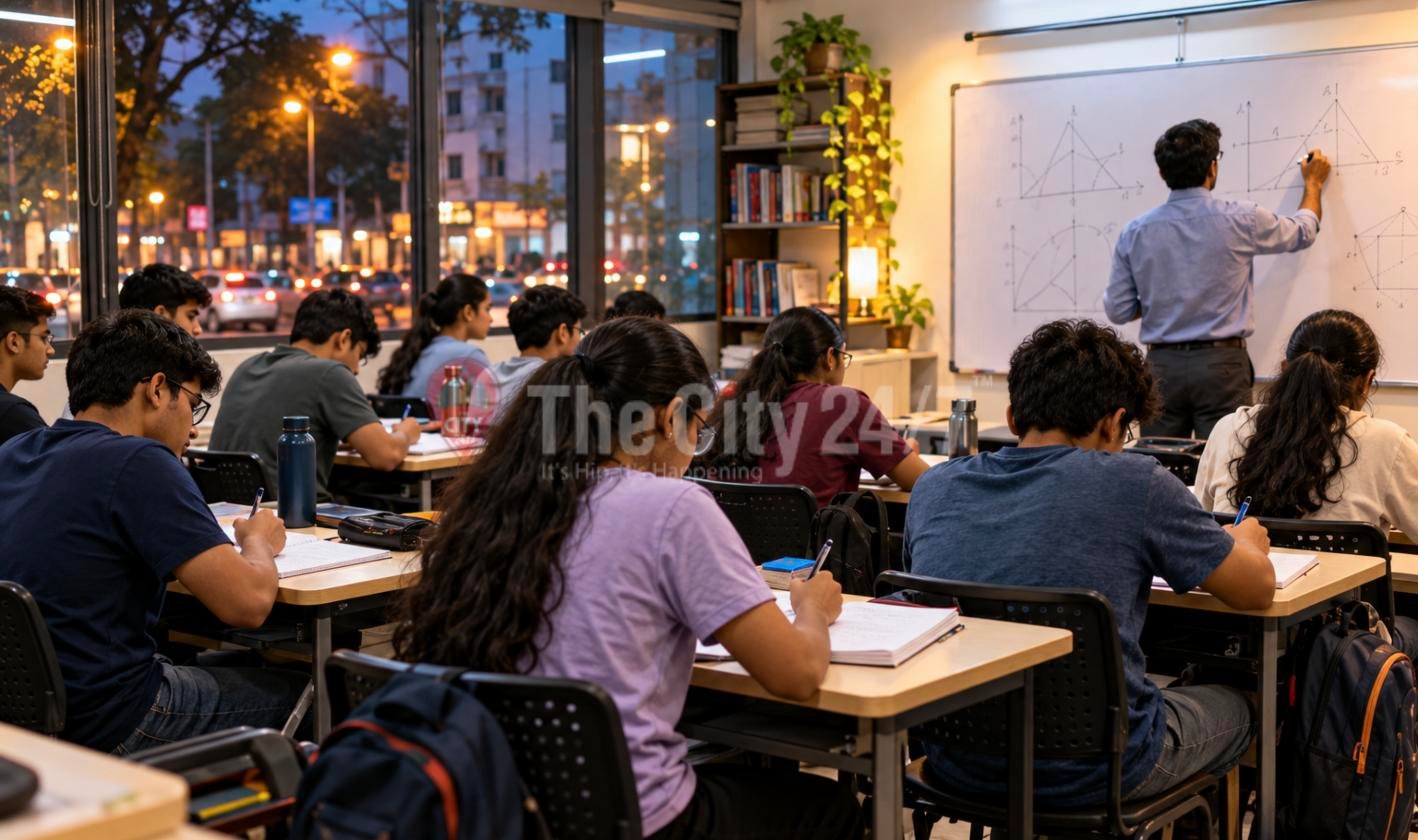 Students take notes at desks as a teacher draws geometry diagrams on a whiteboard in an evening coaching class above a busy street
