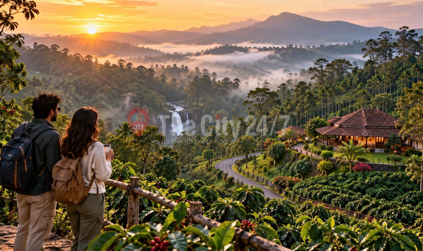 A couple with backpacks and coffee look out over coffee plants, a waterfall, a red-roofed homestay and misty hills at sunrise