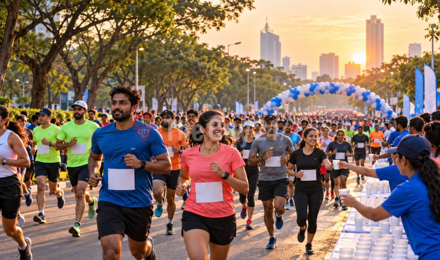 Smiling runners wearing race bibs fill a tree-lined city road at sunrise as volunteers hand out water beside a balloon arch