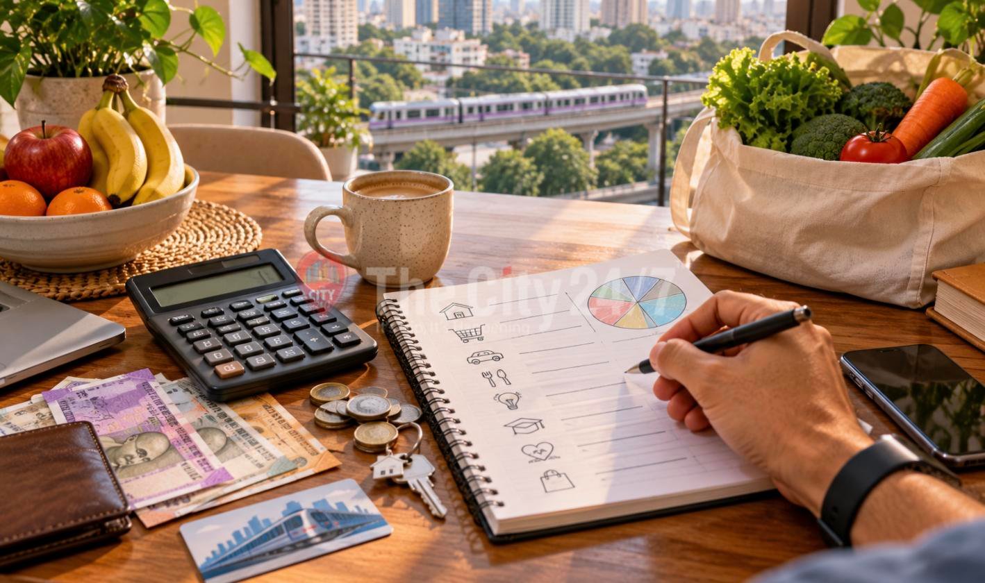 A hand writes a monthly budget in a notebook beside a calculator, rupee notes, coins, a metro card and a bag of groceries, a metro train passing outside