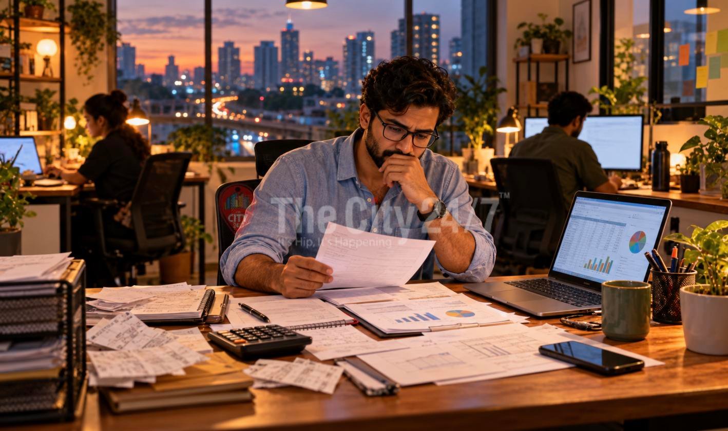 A worried founder studies a bill at a desk piled with invoices, receipts, a calculator and a laptop showing a spreadsheet, the city skyline at dusk behind