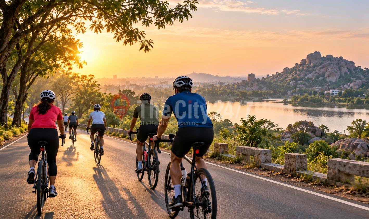 A group of road cyclists in helmets rides along a tree-lined road beside a lake and a granite hill at sunrise