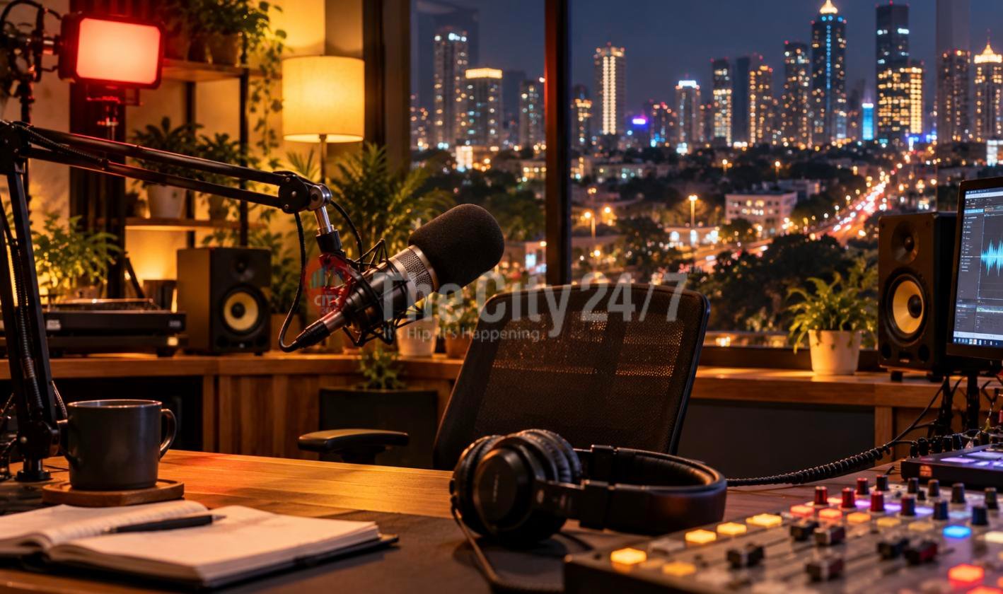 A podcast microphone on a boom arm, headphones and a lit mixing desk in a home studio overlooking the city skyline at night