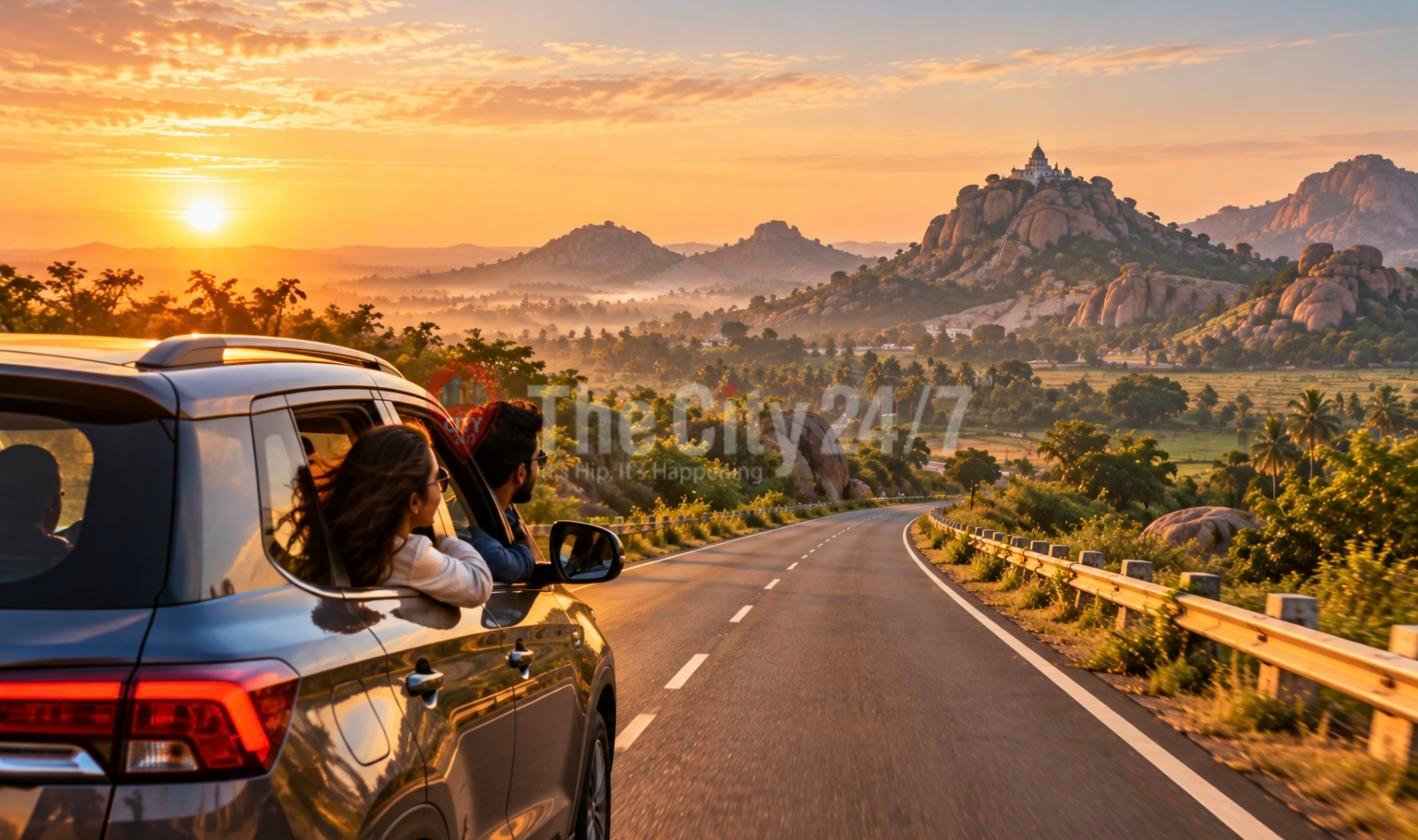 A couple leans out of an SUV window on an open highway heading toward granite hills topped with a temple at sunrise