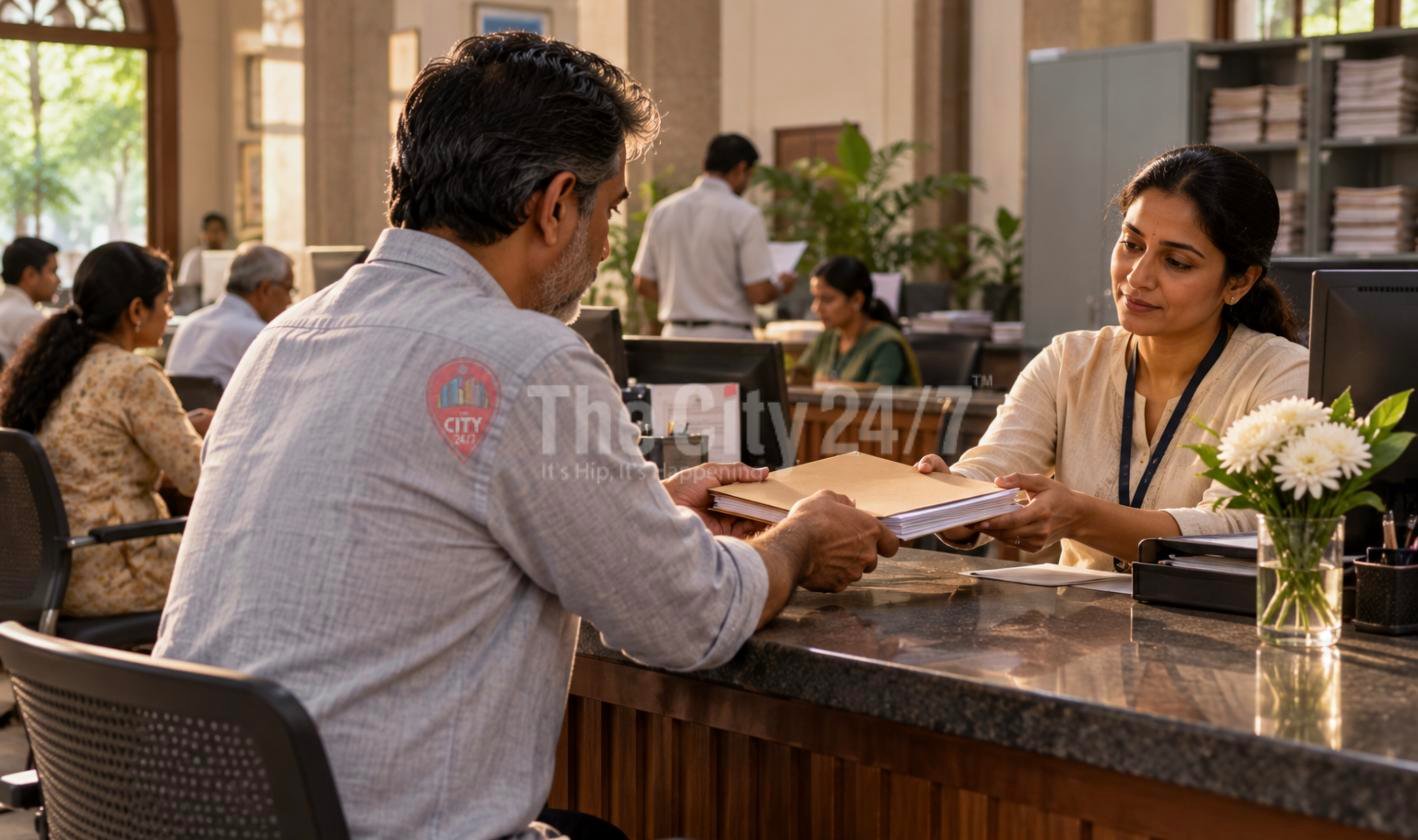 A man hands an envelope of documents across a granite counter to a kind-faced official in a quiet municipal office