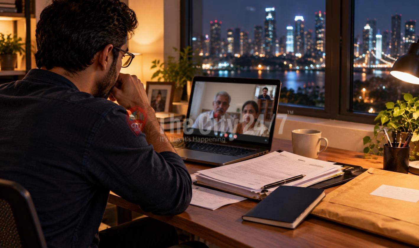 A man on a video call with an elderly couple sits at a desk with forms and a courier envelope, a city skyline lit up outside at night
