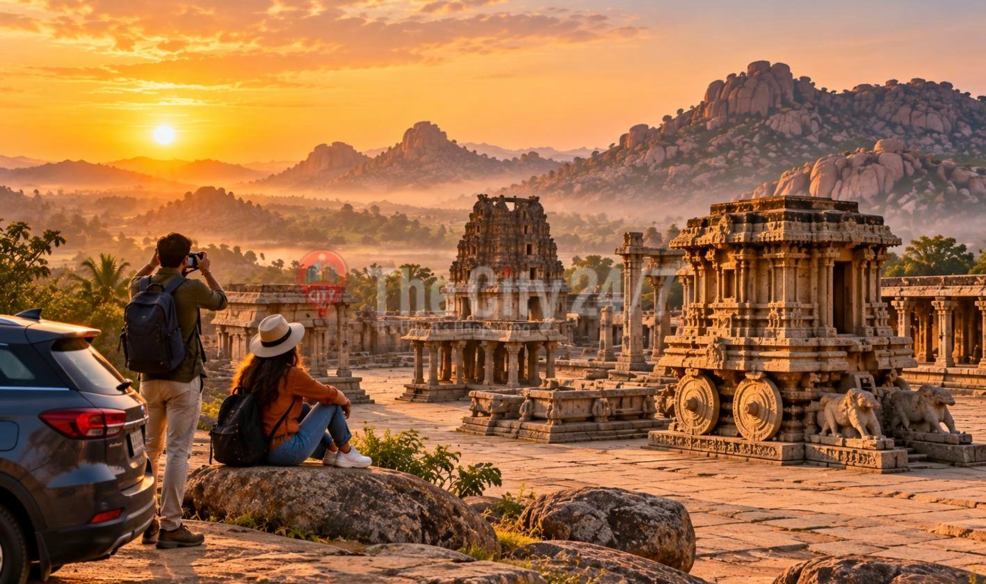 Two travellers by their SUV photograph ancient stone temple ruins and a carved stone chariot among boulder hills at sunrise