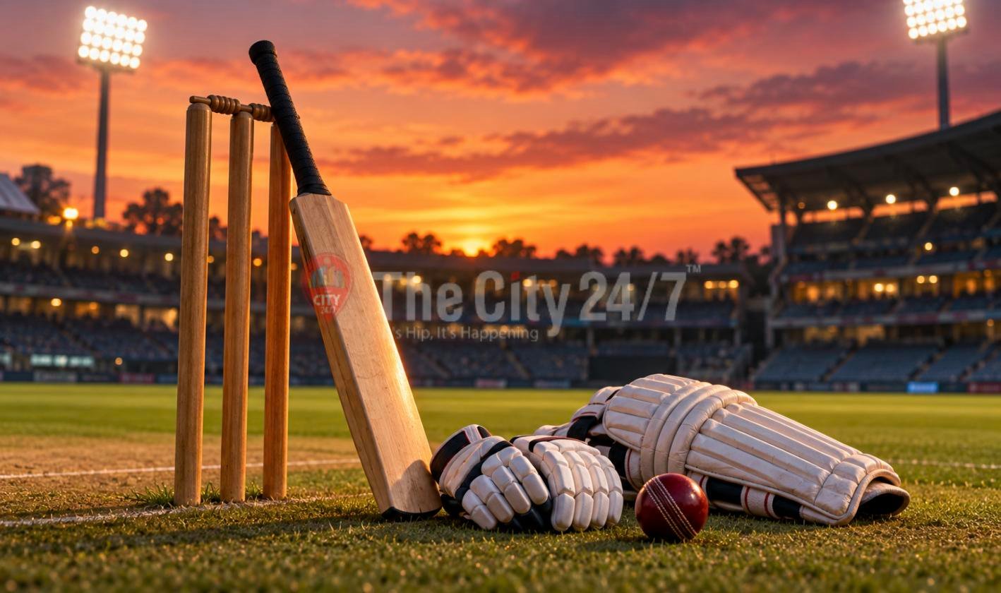 A cricket bat leaning on wooden stumps beside batting gloves, pads and a red ball on the outfield of a floodlit stadium at sunset