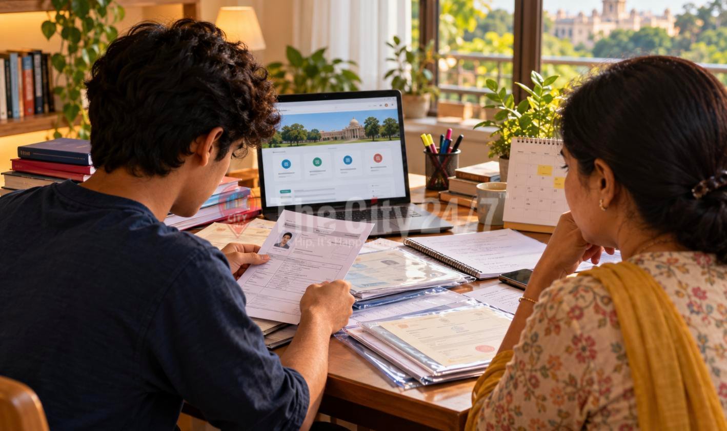 A student and his mother review certificates and an application form at a desk, a laptop open to an admissions portal