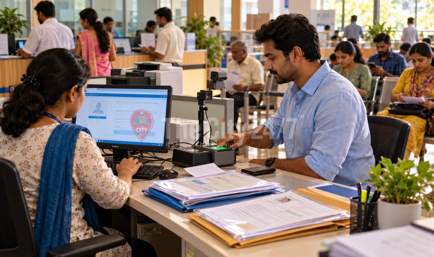 A man scans his fingerprint at a service centre counter as an official enters his details on a computer, files of documents on the desk