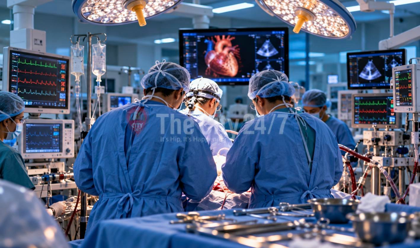 Surgeons in blue gowns operate under bright theatre lights, with monitors showing heart scans and vital signs around them