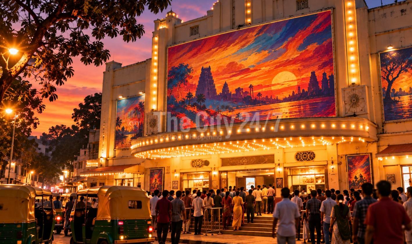 Crowds queue outside a grand old single-screen cinema with a huge painted film hoarding and marquee lights at dusk, autorickshaws waiting