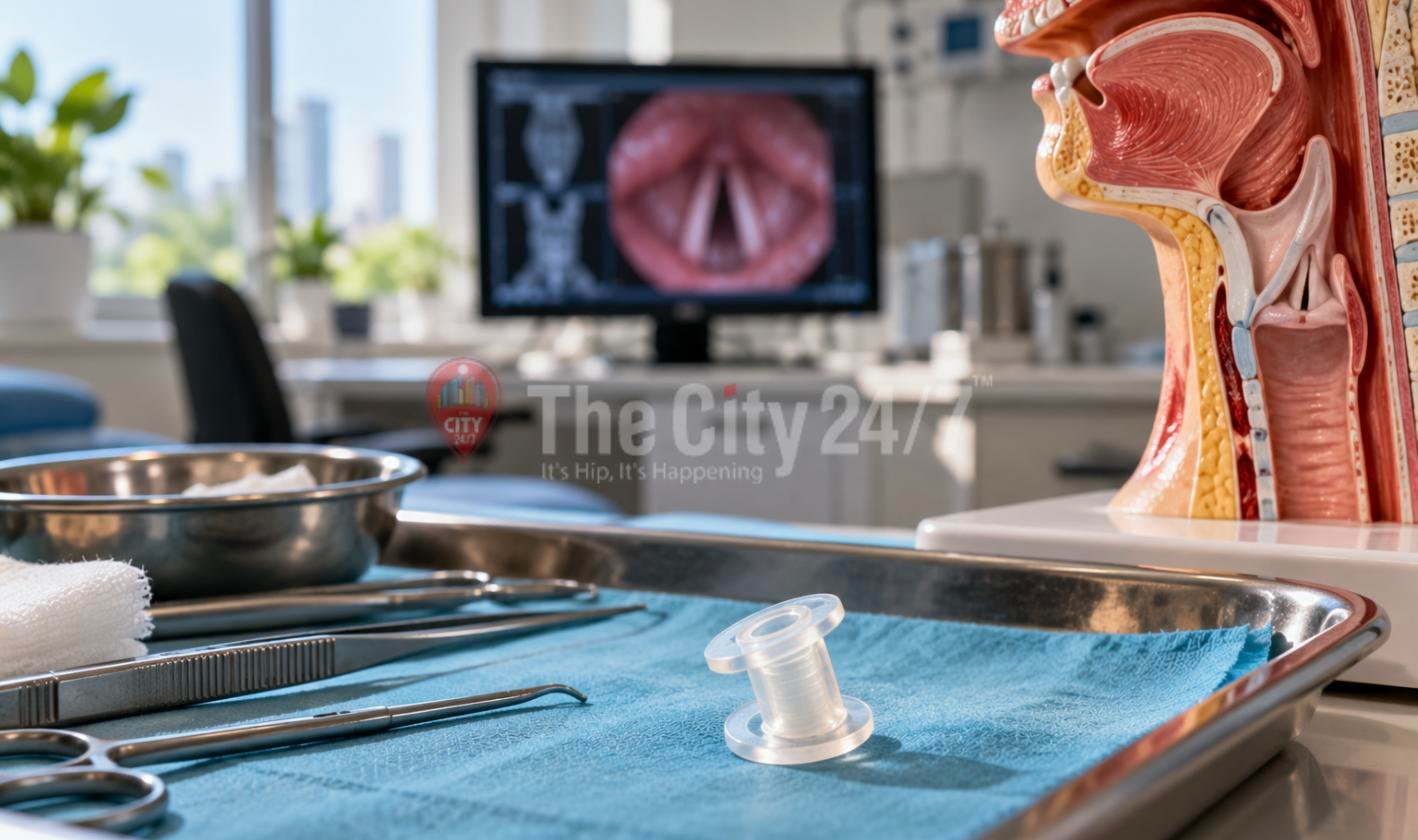 A small silicone voice prosthesis on a surgical tray beside instruments, with an anatomical throat model and a monitor showing vocal cords behind