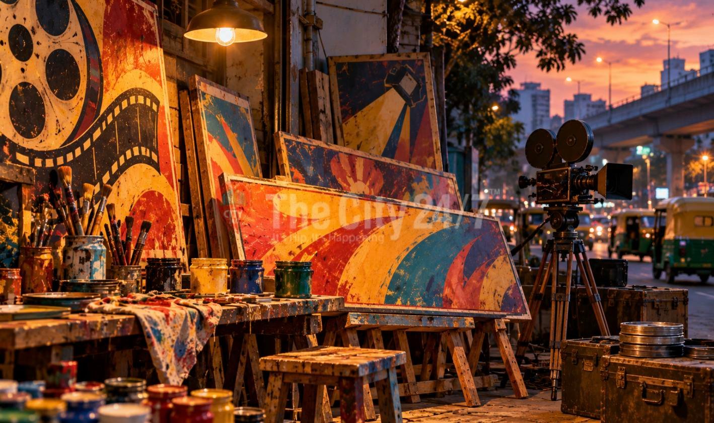 Hand-painted cinema signboards, paint pots and brushes in a roadside workshop beside a vintage film camera, autorickshaws passing at dusk