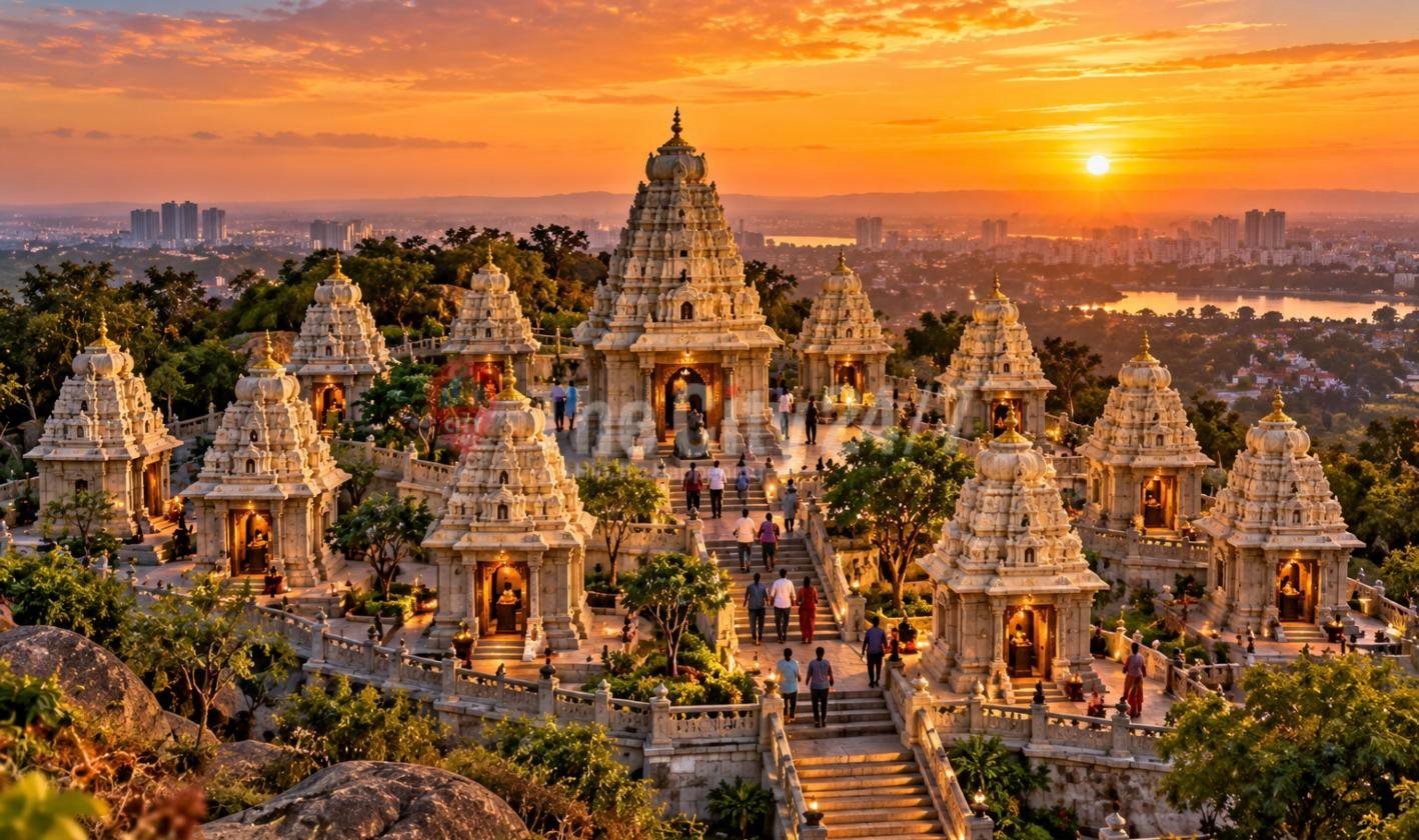 Visitors climb lamplit steps among a cluster of carved stone temple shrines on a hilltop overlooking the city at sunset