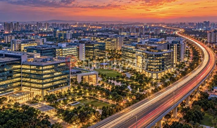 Bengaluru tech corridor and skyline at sunset