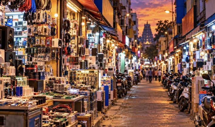 A narrow market street lined with shops stacked with cables, speakers and electronic parts, parked scooters and a temple tower at the end at dusk