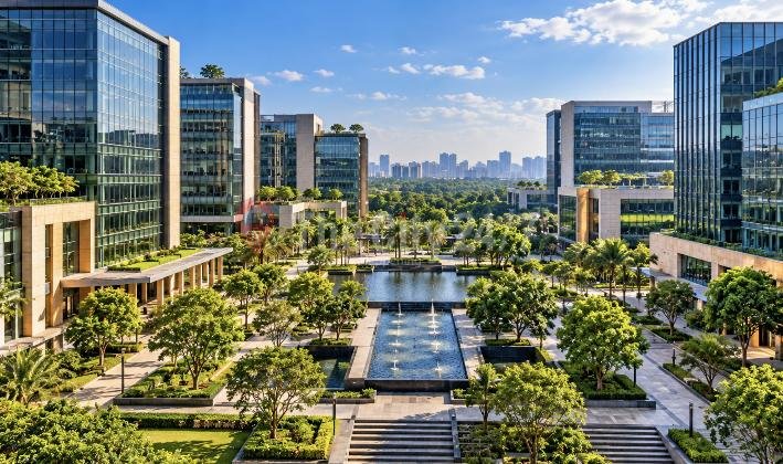 Glass office towers around a landscaped tech park with tree-lined walkways, a reflecting pool and fountains under a clear blue sky