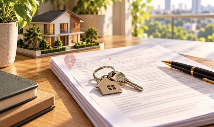 A house-shaped keyring and key on a stack of property documents beside a pen and a model house on a sunlit desk