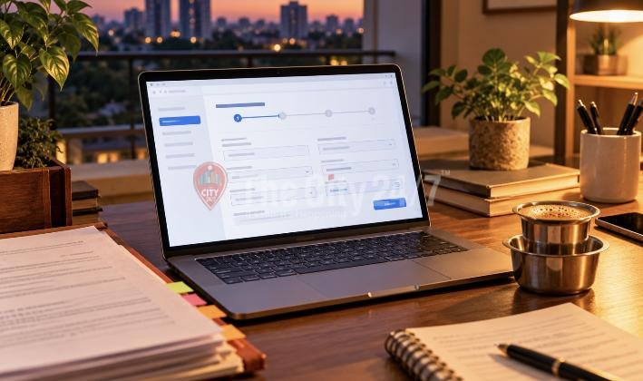 A laptop showing a multi-step online application form on a desk with property papers, filter coffee and a city view at dusk