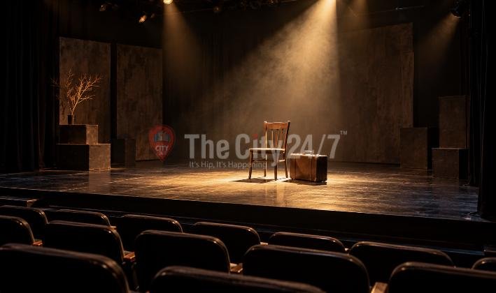 A lone wooden chair and an old suitcase under a hazy spotlight on a bare theatre stage, with empty seats in front