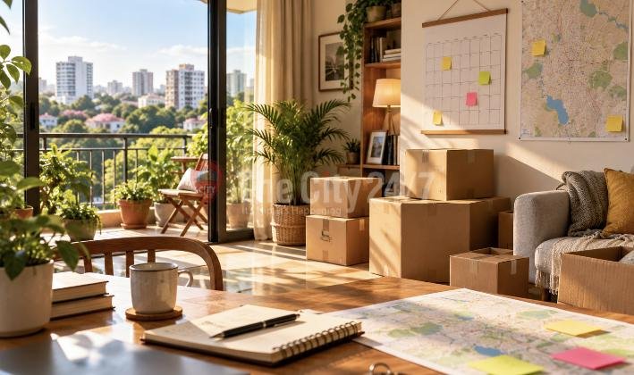 Moving boxes in a sunlit new apartment, with a planner, coffee and a city map with sticky notes on the table and a balcony view of the city