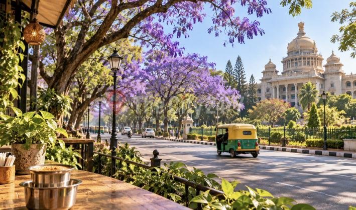 Purple jacaranda trees bloom over a quiet road as an autorickshaw passes a grand domed government building, filter coffee on a cafe table