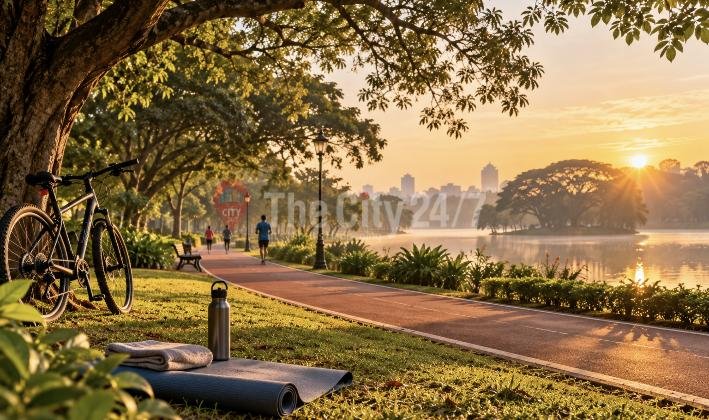 A bicycle, yoga mat, towel and water bottle on the grass beside a lakeside jogging track with runners at sunrise