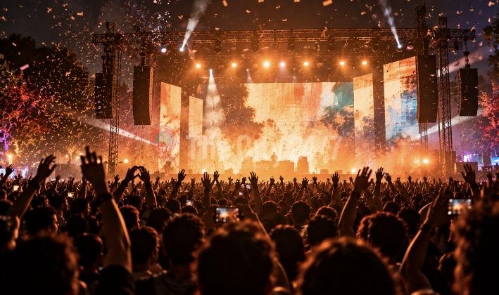 Confetti falls over a dense crowd with raised hands and phones in front of a DJ stage lit by glowing orange screens at night