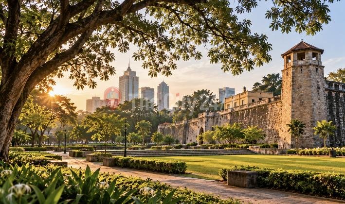 Manicured lawns and garden paths beside old stone prison walls and a watchtower, with city towers rising behind at sunset