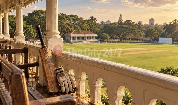 A worn cricket bat and gloves on the balcony of a colonial pavilion overlooking a sunlit cricket ground