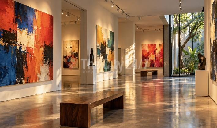 Large abstract paintings in bold reds, blues and yellows hang on white walls of a sunlit gallery with polished floors, a wooden bench and sculptures
