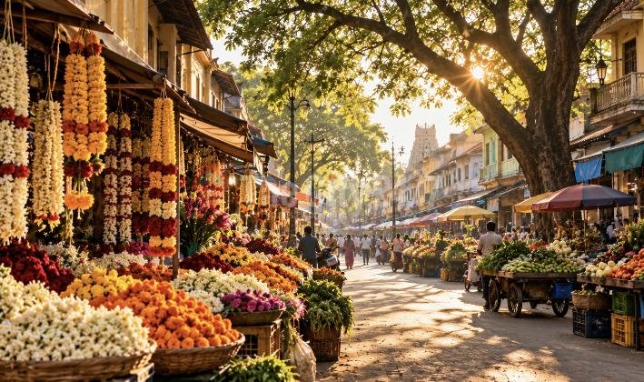 Flower stalls hung with jasmine and marigold garlands line a sunlit market street with vegetable carts and a temple tower in the distance