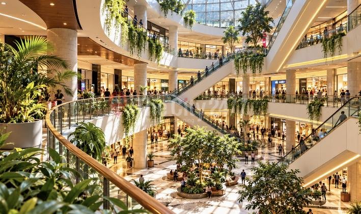 Shoppers ride escalators and walk curved balconies hung with plants in a bright multi-level mall atrium