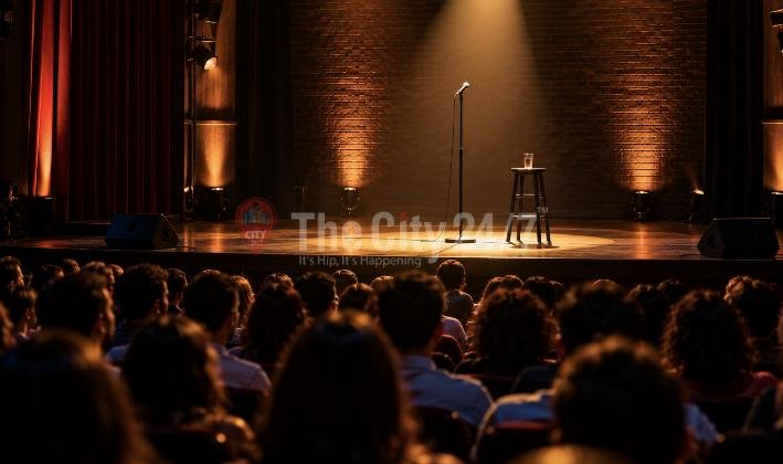 A packed audience faces a lone microphone stand and stool under a spotlight on a comedy club stage with a brick wall