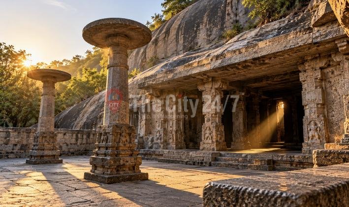 Giant stone disc pillars stand in the courtyard of a carved cave temple set into a rock face, a shaft of sunlight entering its dark sanctum